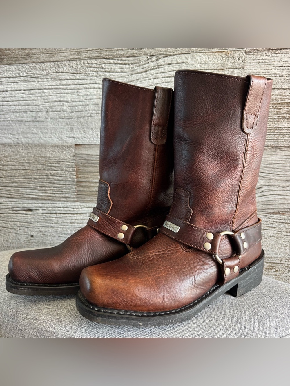 River Road Brown Leather Harness Motorcycle Boots Goodyear Welt Men’s 10